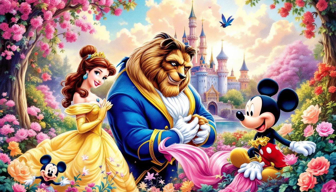 A beautiful display of Disney paint-by-numbers artwork featuring classic characters like Belle, Ariel, and Mickey Mouse in paint-by-numbers style with visible numbered sections and Disney's signature colors