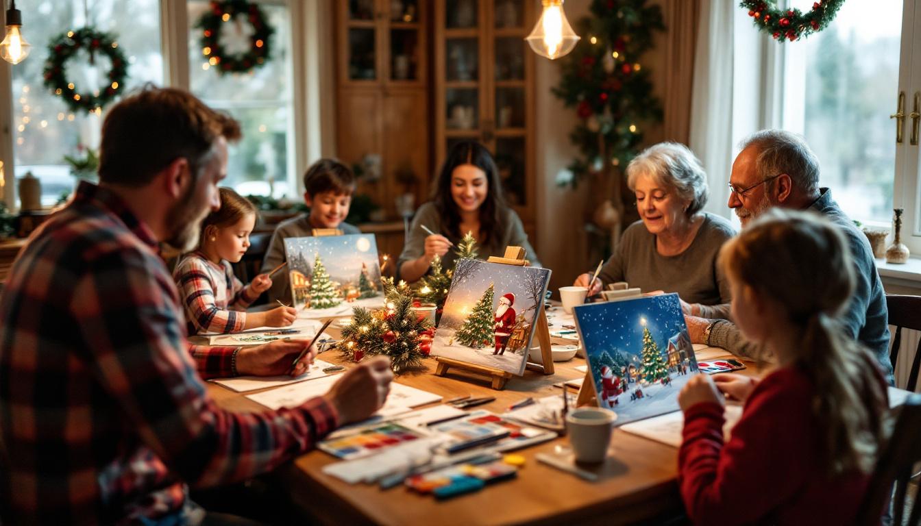 Family painting Christmas paint by numbers together at kitchen table with festive holiday artwork