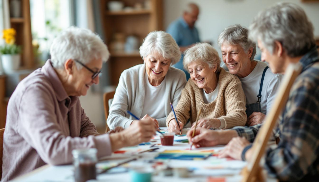 Seniors enjoying group paint by numbers session fostering social connections and intergenerational bonding at community center