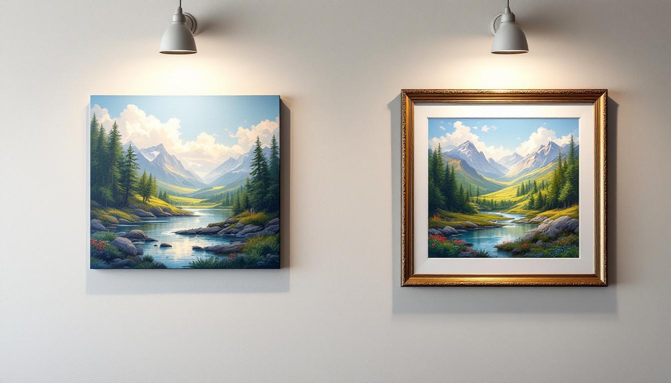 Wall display showing stretched canvas paint-by-numbers hanging directly without frame versus paper paint-by-numbers artwork matted and framed behind glass