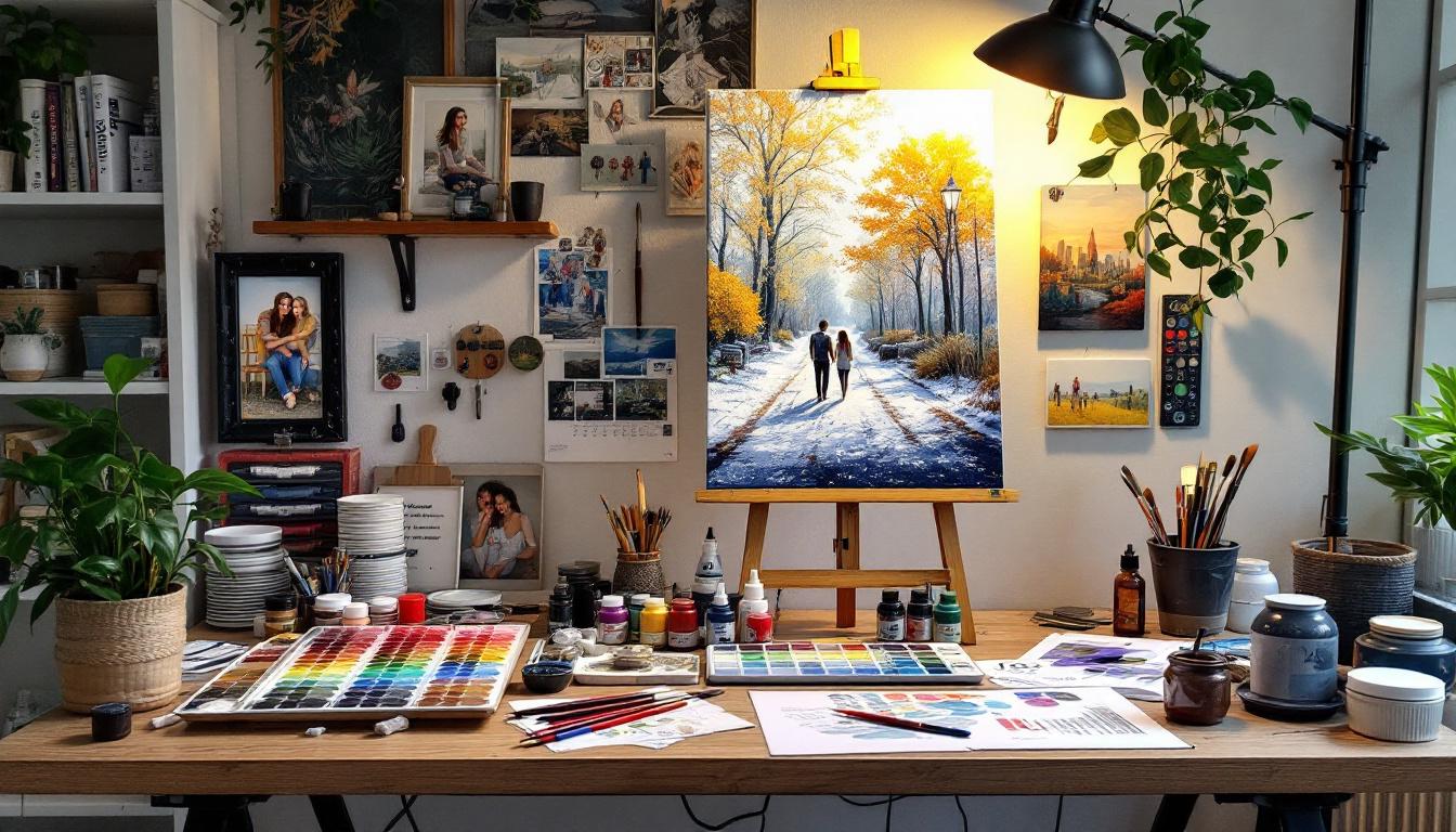 Complete personalised paint by numbers workspace setup with custom canvas and materials