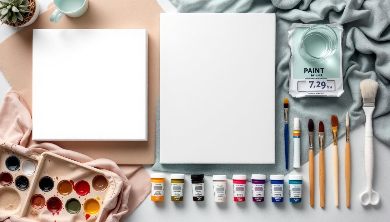 High quality paint by numbers materials including organized canvas, sealed acrylic paint pots, multiple brush sizes, and clean workspace setup for adult beginners