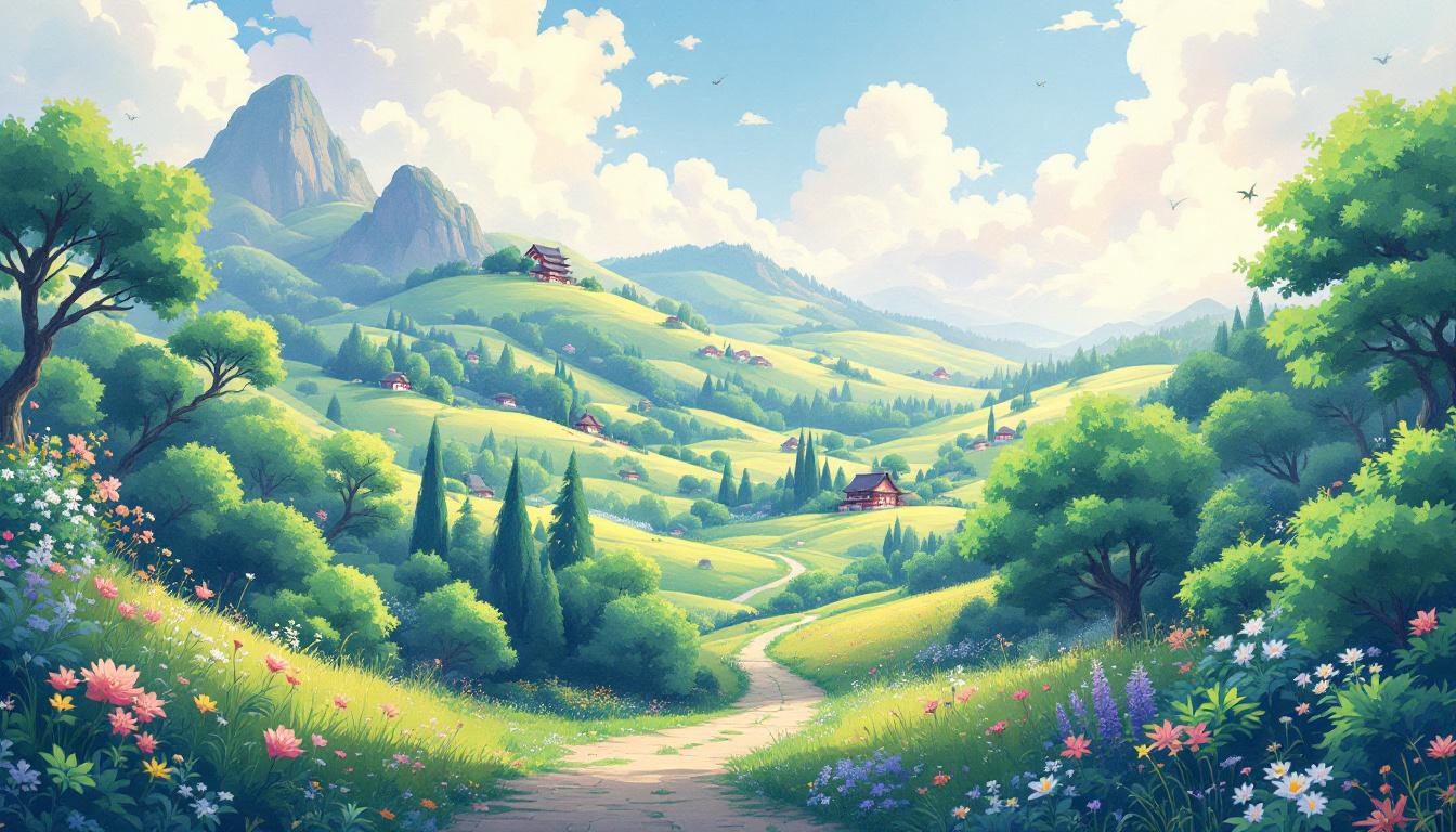 Whimsical Studio Ghibli inspired anime landscape with rolling hills, magical forest, and traditional Japanese elements mixed with fantasy in soft watercolor style