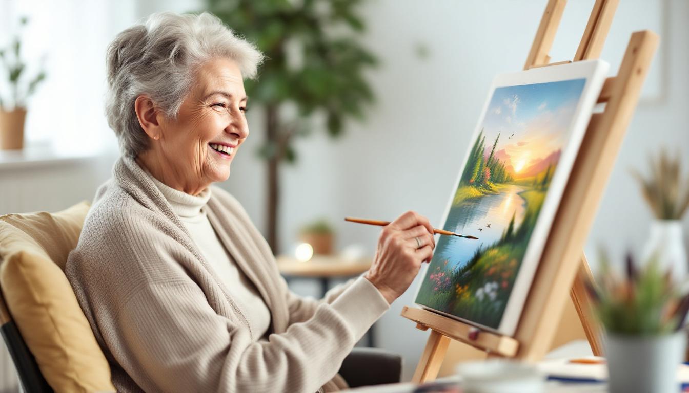 Senior woman enjoying therapeutic paint by numbers activity at ergonomic workspace with proper lighting and accessible setup for elderly artists