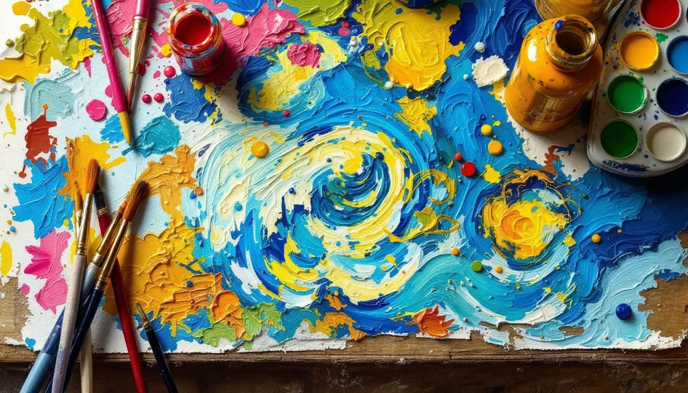 A detailed paint-by-numbers demonstration showing Van Gogh's painting techniques with brushes, palette, and canvas displaying various brushstroke patterns and color mixing methods