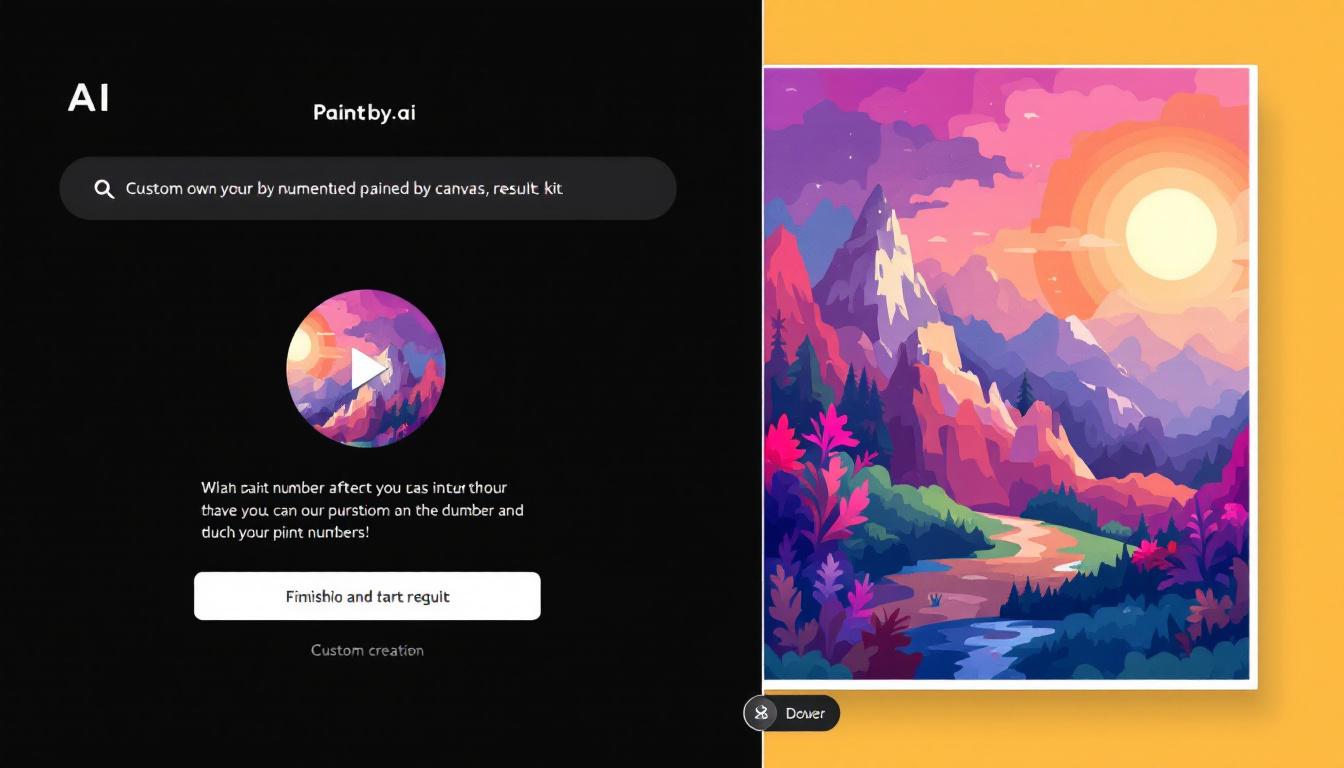 Custom AI paint by numbers kit showing Paintby.ai interface with digital prompt creation process leading to finished painted canvas result