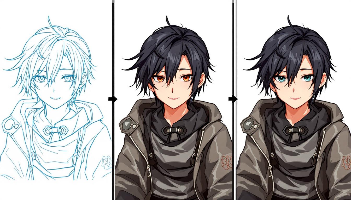 Step-by-step progression from outline to completed anime paint-by-numbers artwork