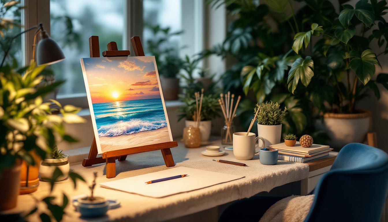 Peaceful paint by numbers workspace setup showing beach artwork creation for stress relief and mindfulness practice
