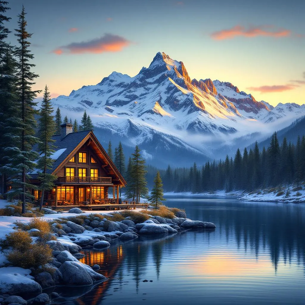 Cozy mountain lodge with snow-capped peaks - AI generated paint by numbers example