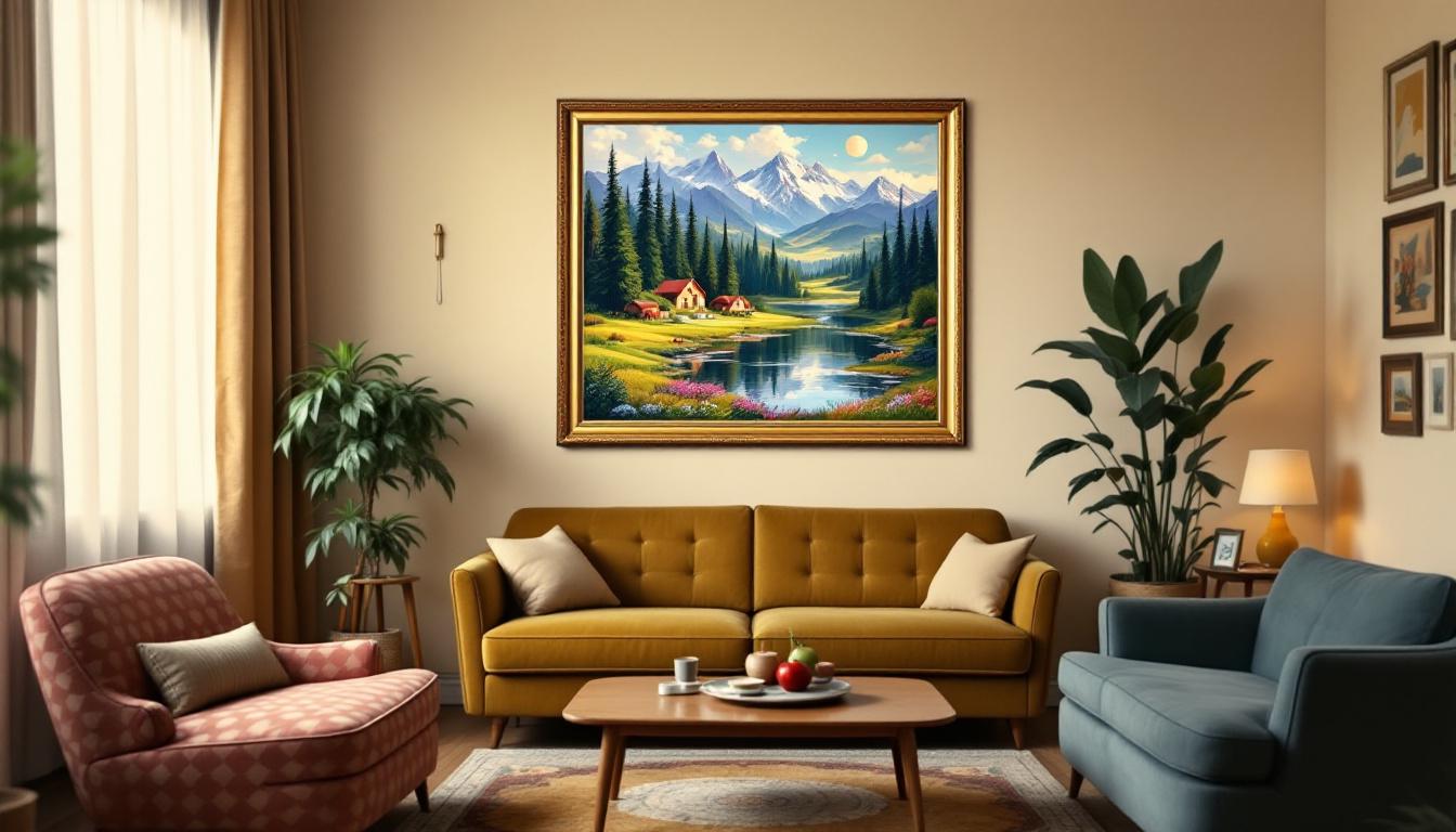 Framed mid-century paint-by-numbers landscape hanging prominently in a 1950s living room with period furniture, showing how these artworks became popular home decoration during the paint-by-numbers boom