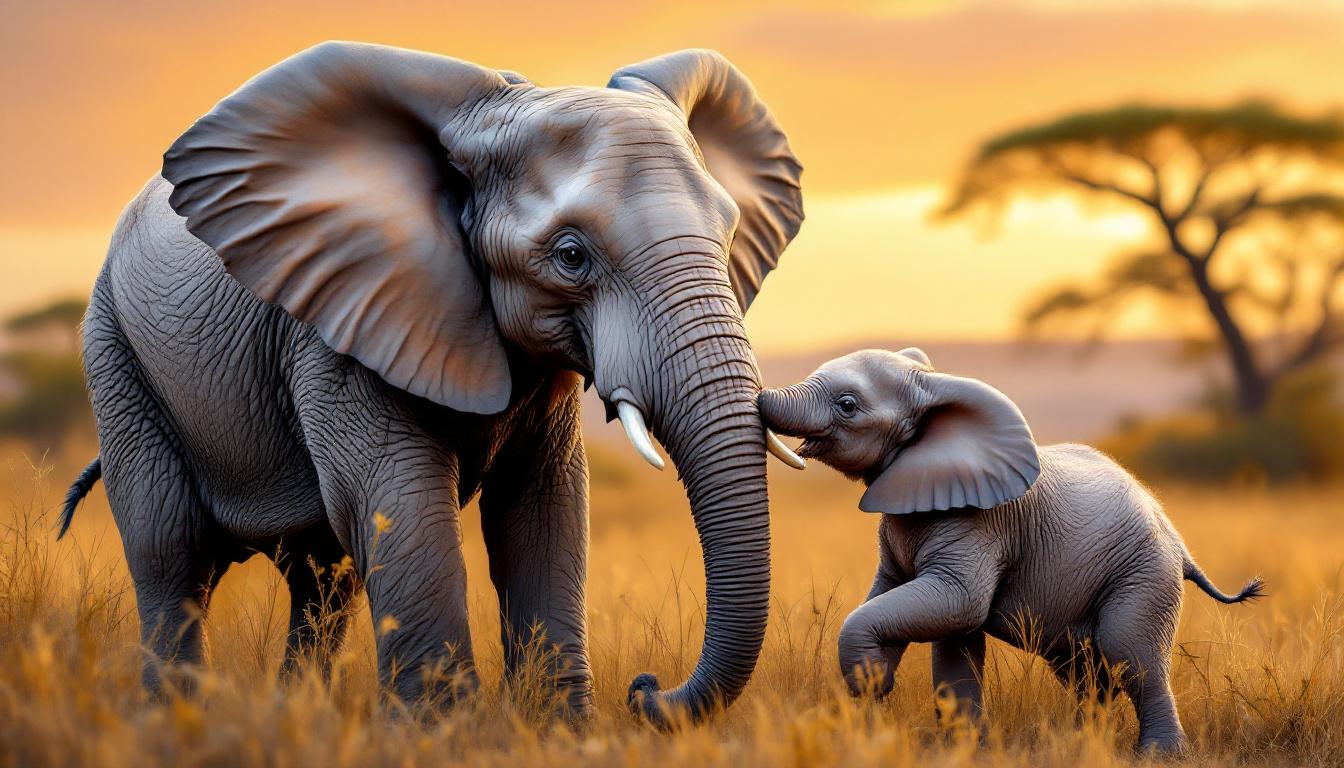 Heartwarming mother elephant with baby elephant paint-by-numbers scene showing family bonding in African safari landscape with sunset lighting