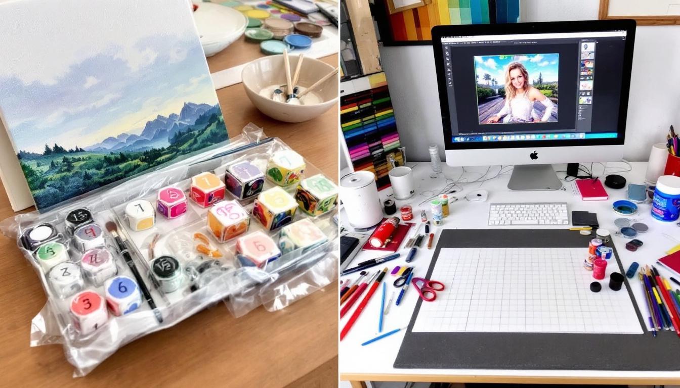 Split view comparison showing traditional paint-by-numbers kit versus DIY setup with computer and art supplies