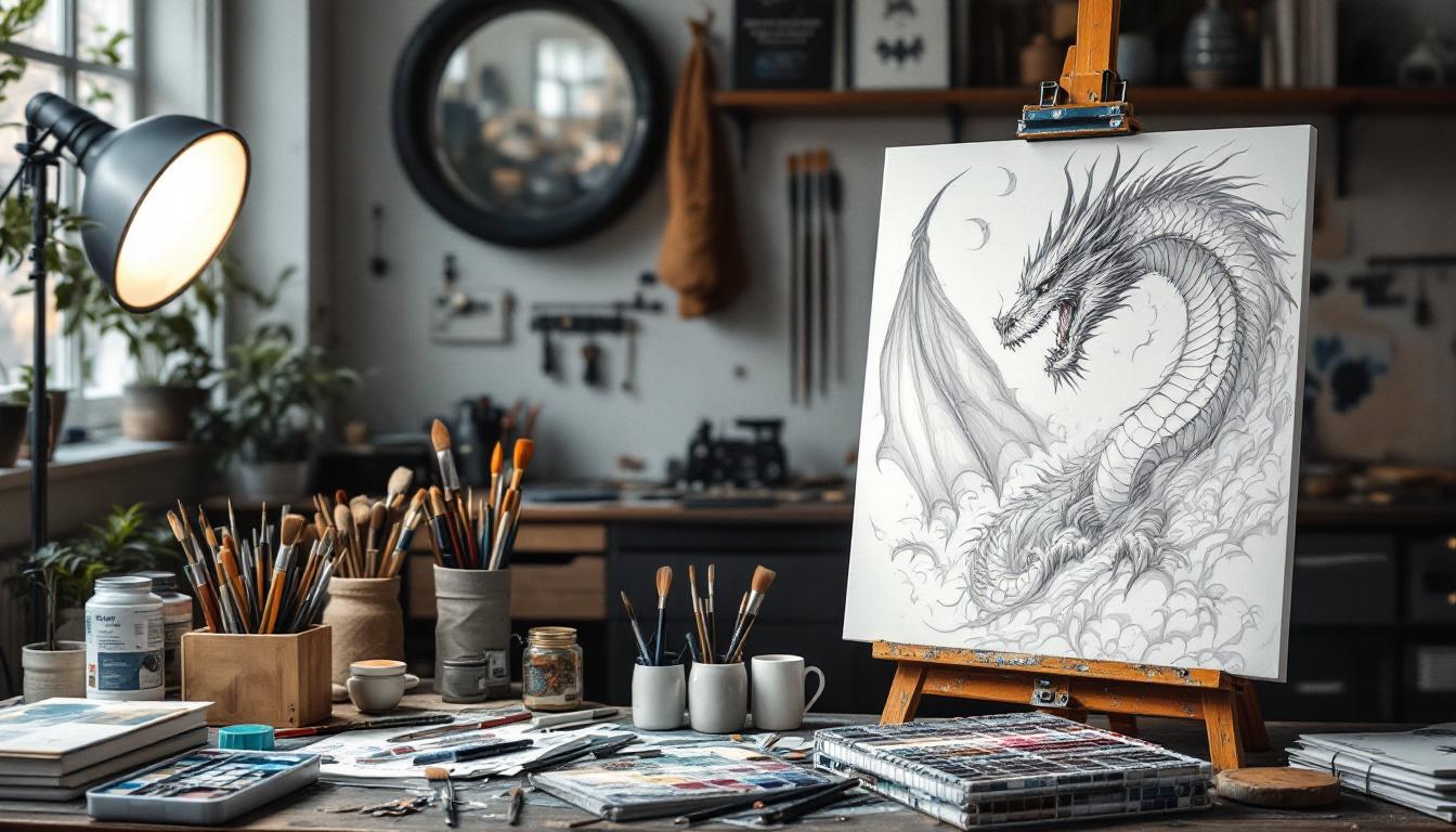 Artist's studio setup showing dragon paint-by-numbers kit in progress with premium materials, brushes, paints, and professional lighting arrangement
