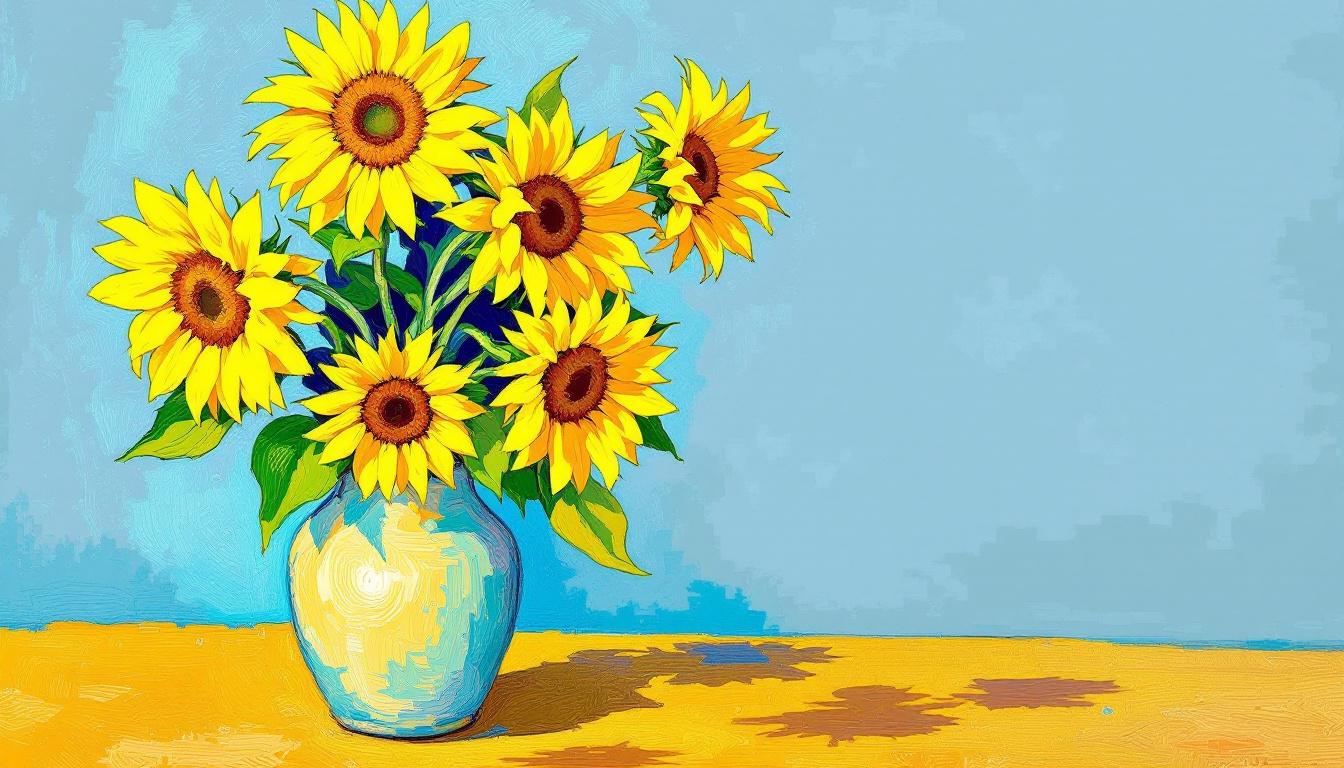 A vibrant paint-by-numbers recreation of Van Gogh's Sunflowers painting, featuring bright yellow sunflowers in a vase with visible brushstroke textures