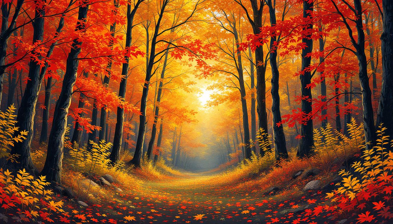 Autumn forest with colorful fall foliage in reds, oranges and golds showing seasonal variations
