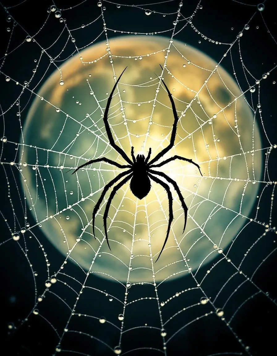 Intricate spider web with dewdrops in moonlight