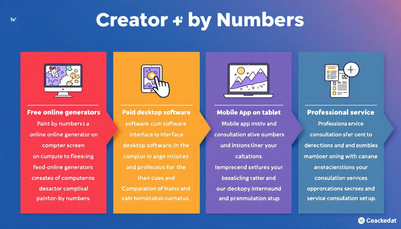 Comprehensive overview showing four different categories of paint-by-numbers creator tools: free online generators, paid desktop software, mobile apps, and professional services, displayed in organized comparison layout