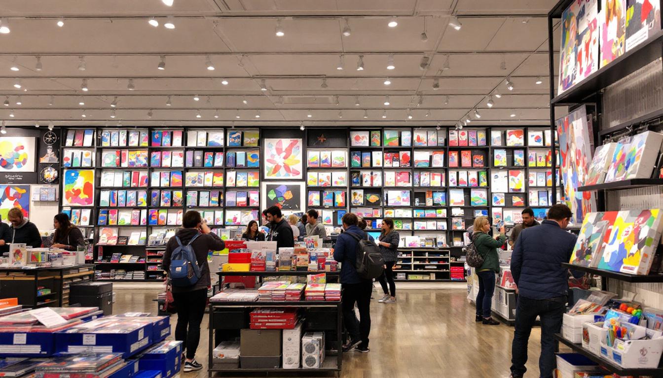 Bright and organized craft store interior featuring paint-by-numbers displays with customers browsing colorful art kits on well-lit shelves