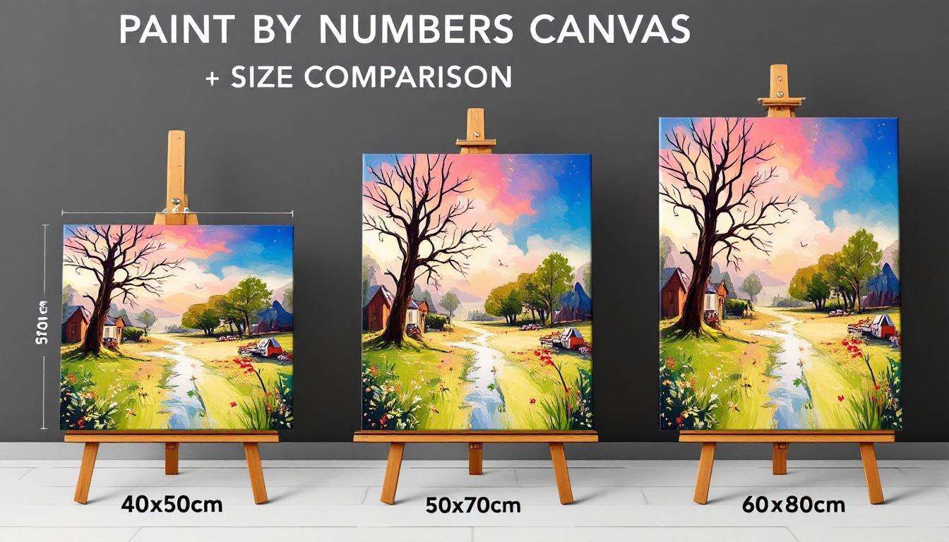 Paint by numbers canvas size comparison chart showing three different sized canvases (40x50cm, 50x70cm, 60x80cm) for beginners to choose from