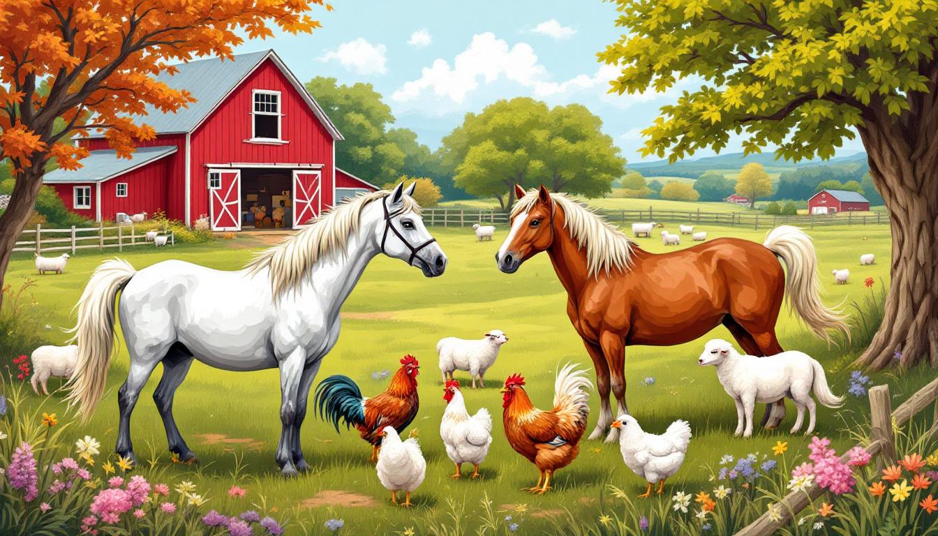 Classic red barn setting with horses, chickens, and farm animals creating complete pastoral scene for equestrian and farming enthusiasts