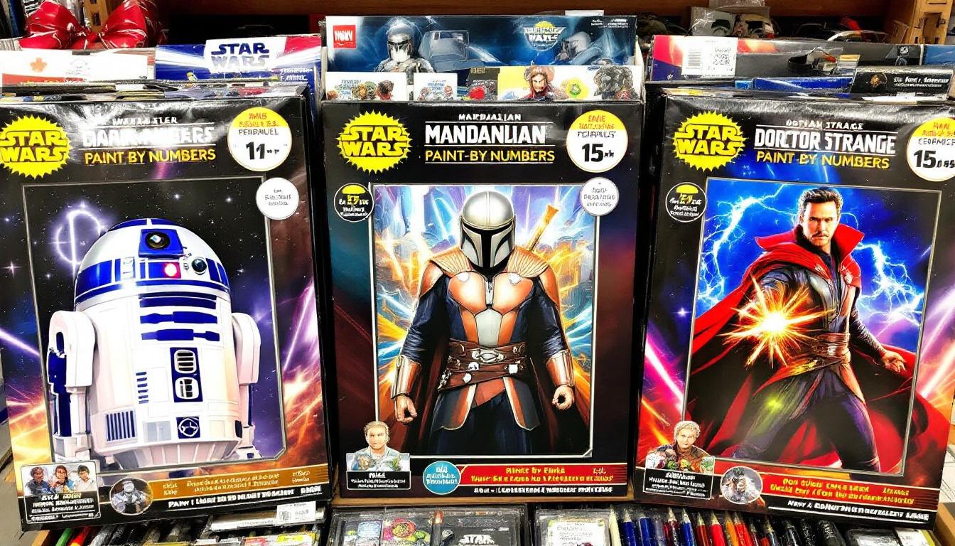 Paint-by-numbers kits arranged by difficulty level from left to right: simple R2-D2 for children, intermediate Mandalorian for teens, and complex Doctor Strange for adults, with gift wrapping and age-appropriate character selections visible