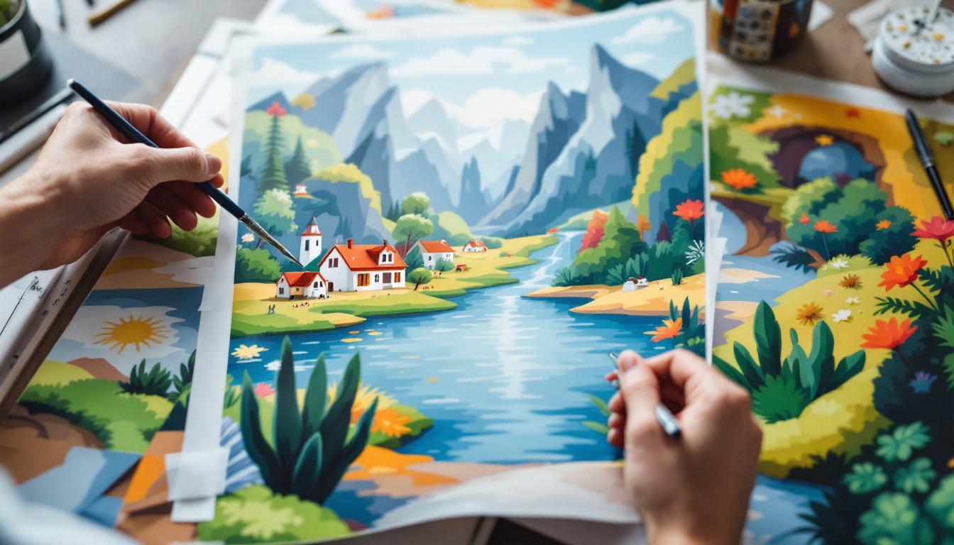 Multiple pages being aligned and taped together to create large printable paint-by-numbers pattern artwork