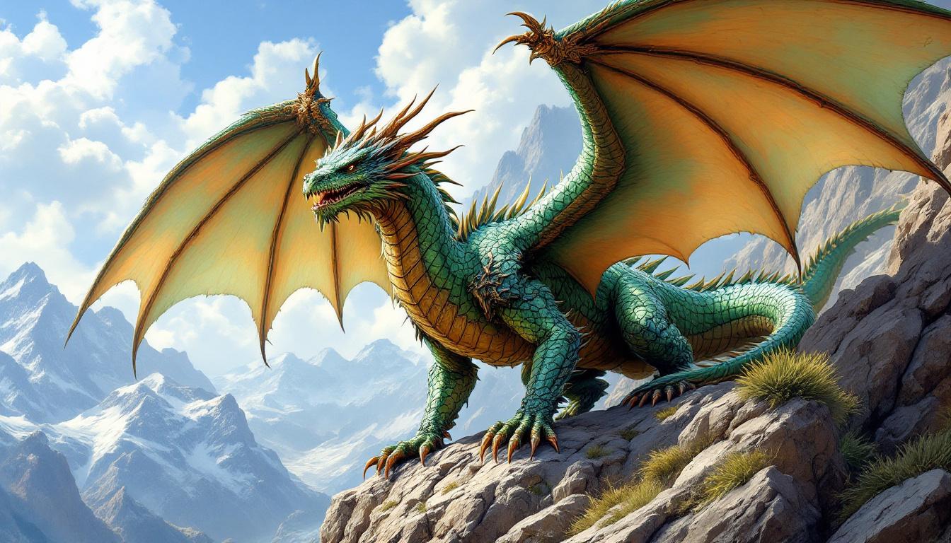 Powerful Western dragon with large spread wings, emerald green and bronze scales, standing majestically on rocky mountain peak with detailed wing membranes