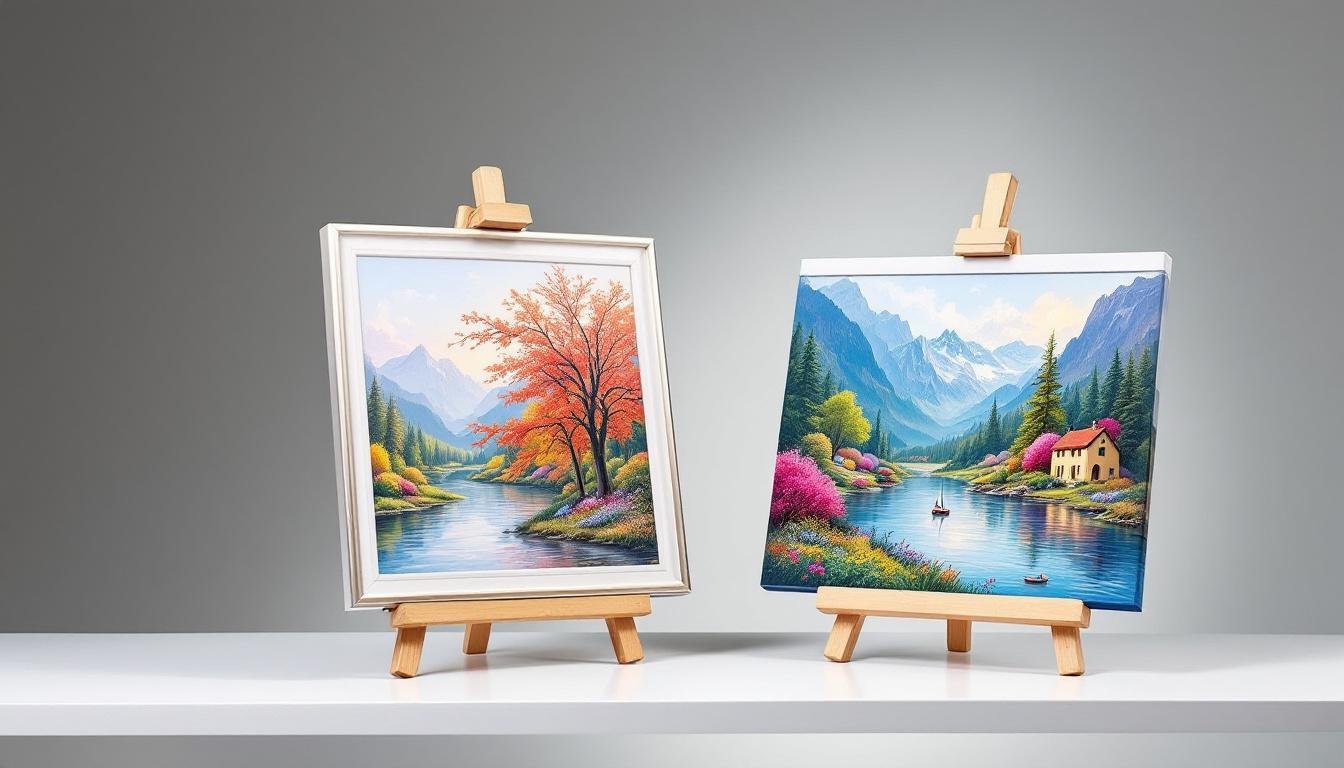 Side-by-side comparison of framed and unframed paint-by-numbers kits showing the difference in presentation and finish