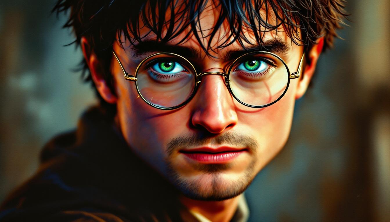 Paint-by-numbers style portrait of Harry Potter with round glasses and lightning bolt scar, perfect for painting kit illustration
