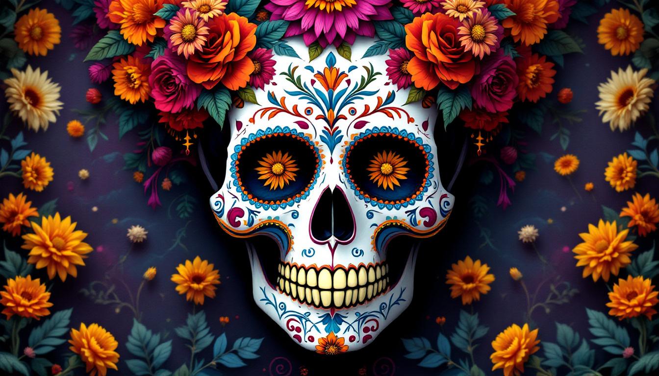 Elegant gothic skull artwork featuring intricate Day of the Dead sugar skull designs with vibrant marigold flowers and traditional patterns