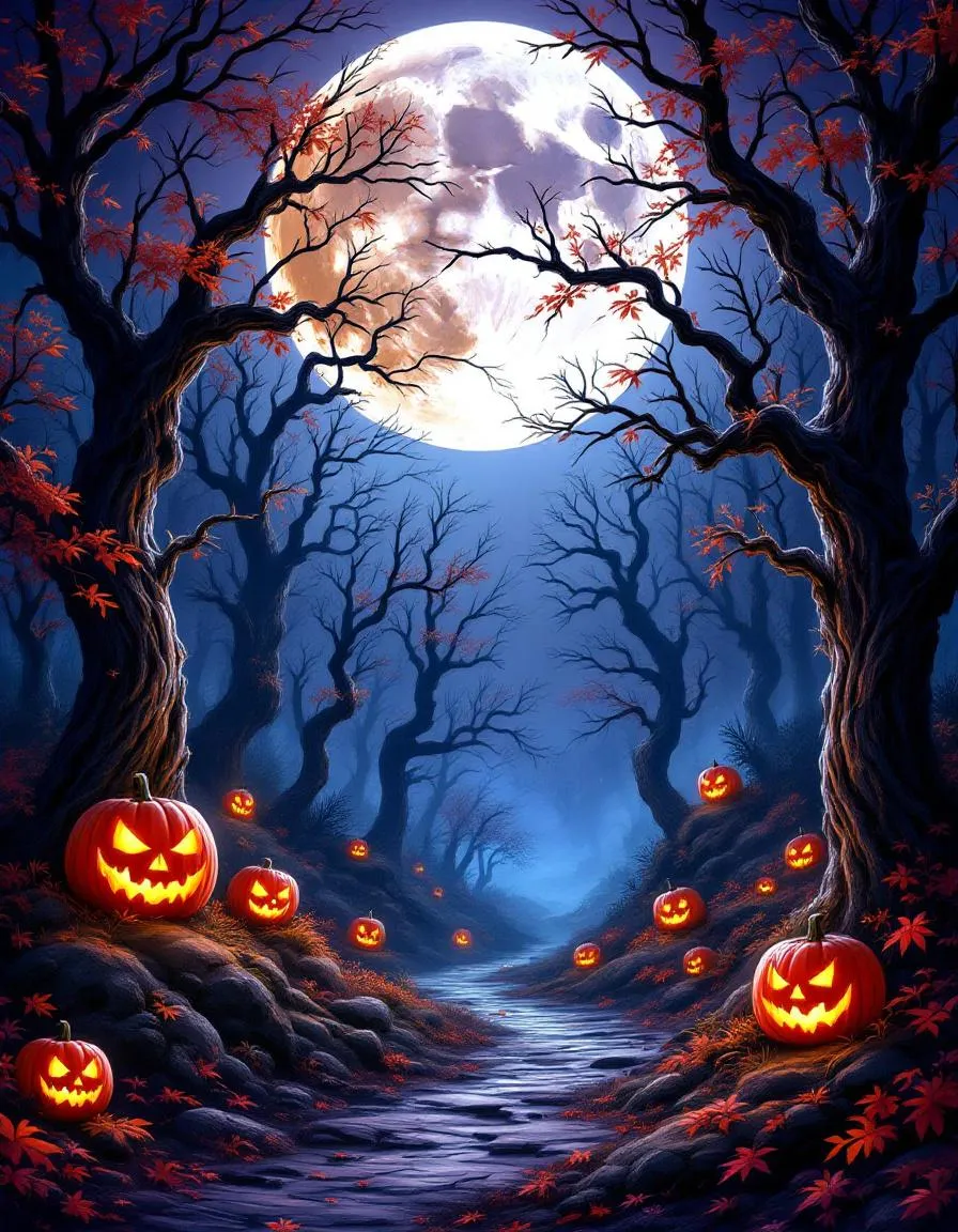 Spooky forest with jack-o'-lanterns and full moon