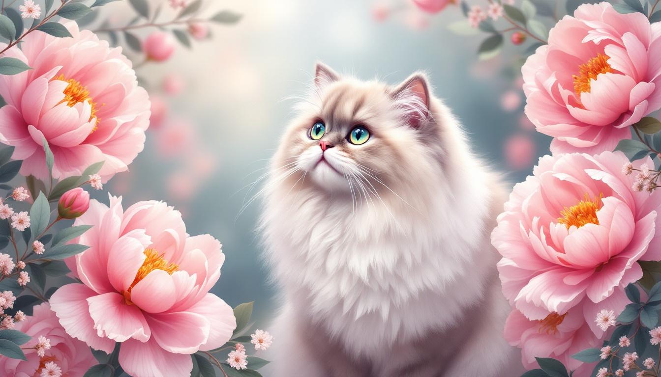 Elegant Persian cat with pink peonies floral paint-by-numbers design
