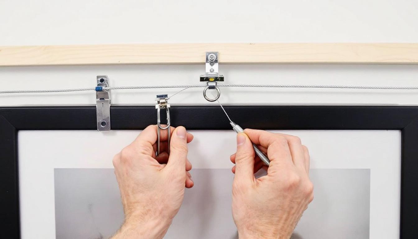 Professional demonstration of framing hardware installation with D-rings, hanging wire, and wall mounting