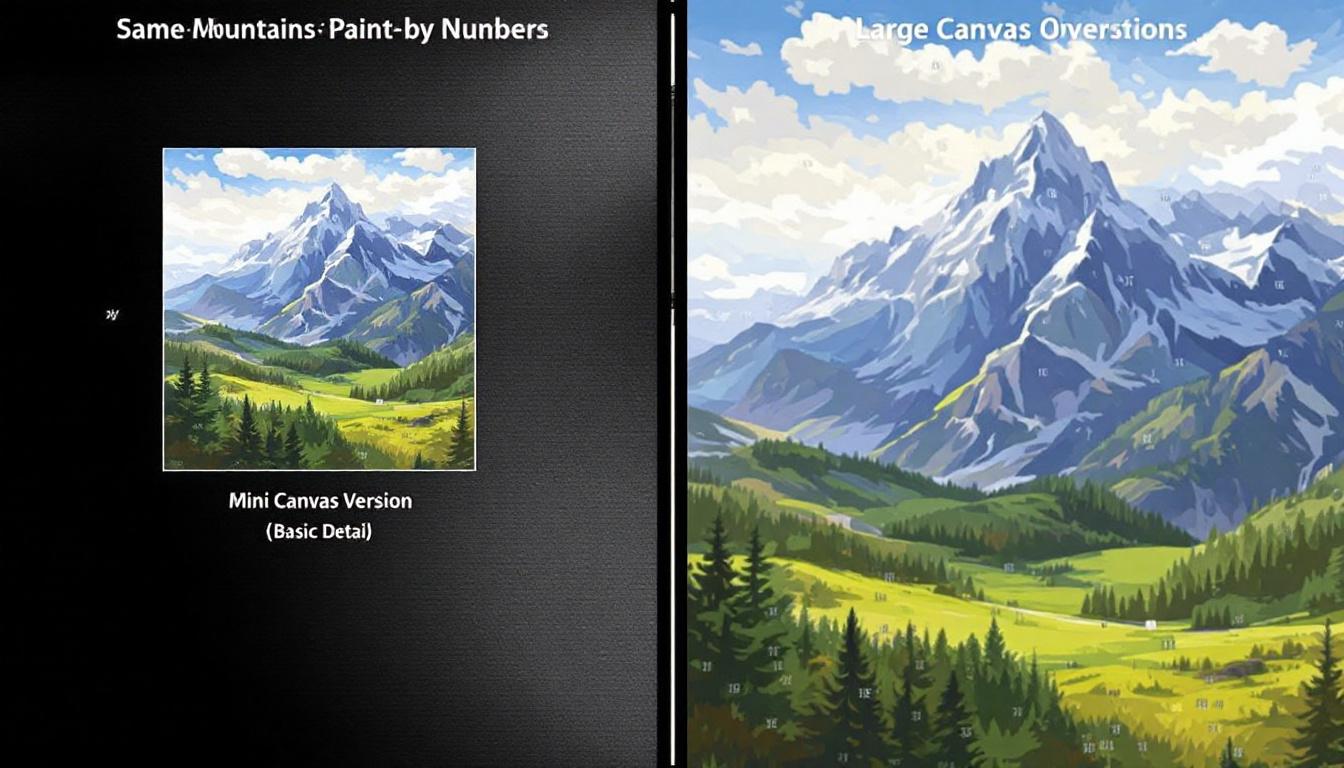 Detail level mini paint by numbers vs large canvas showing how size affects realism and fine details