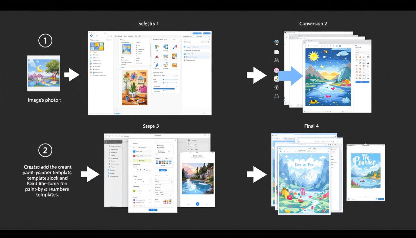 Step-by-step tutorial process for creating paint-by-numbers templates showing workflow stages: photo selection, image preparation, tool configuration, conversion process, and final template creation as illustrated guide