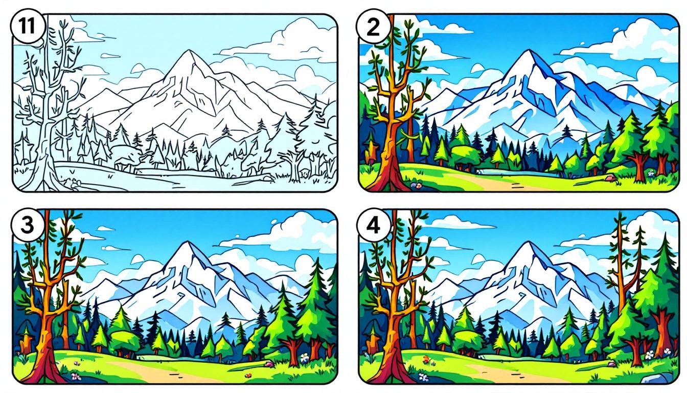 Four-phase paint by numbers process from background sky to foreground character details