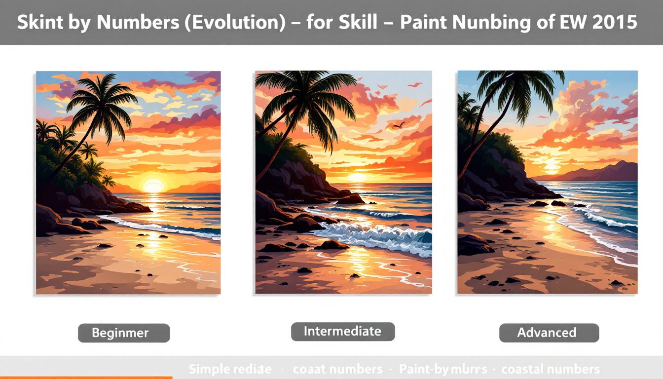 Beach paint by numbers skill progression from simple sunset silhouette to complex coastal landscape artwork