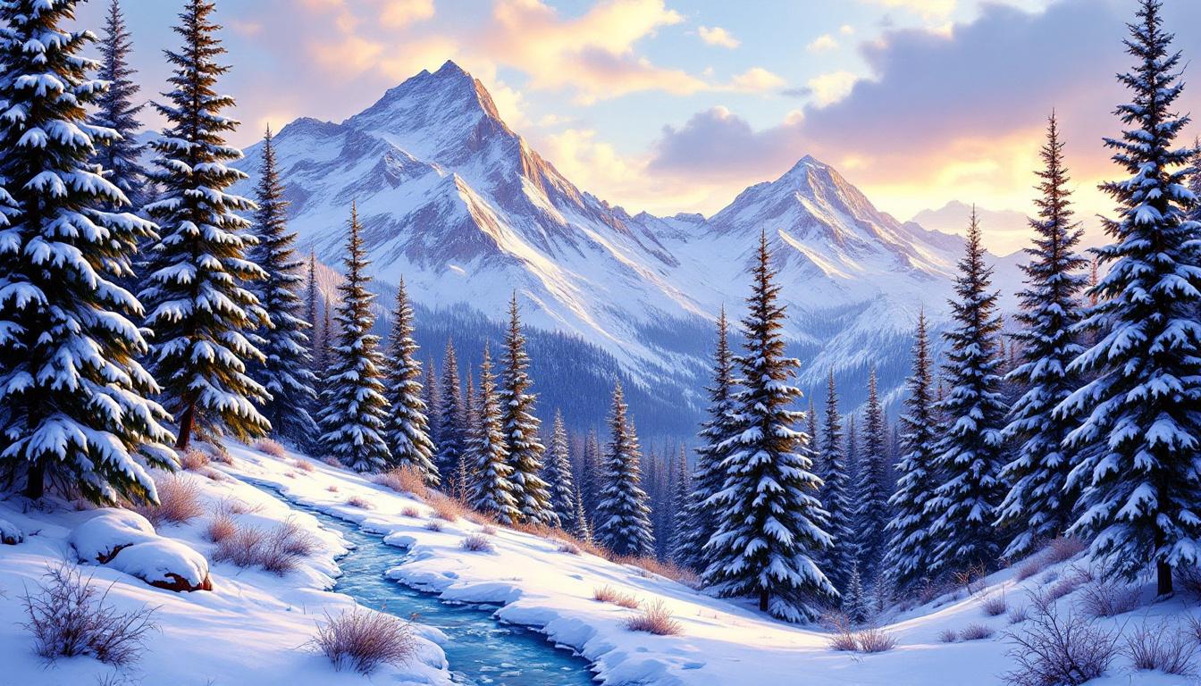 Winter landscape with snow-covered pine trees and mountain peaks featuring cold color palette