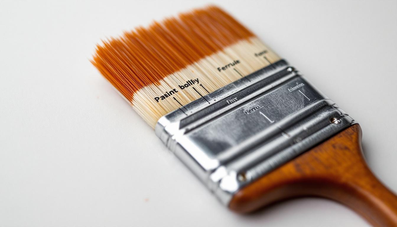 Close-up of brush anatomy diagram showing tip, belly, ferrule, and handle parts for paint-by-numbers education
