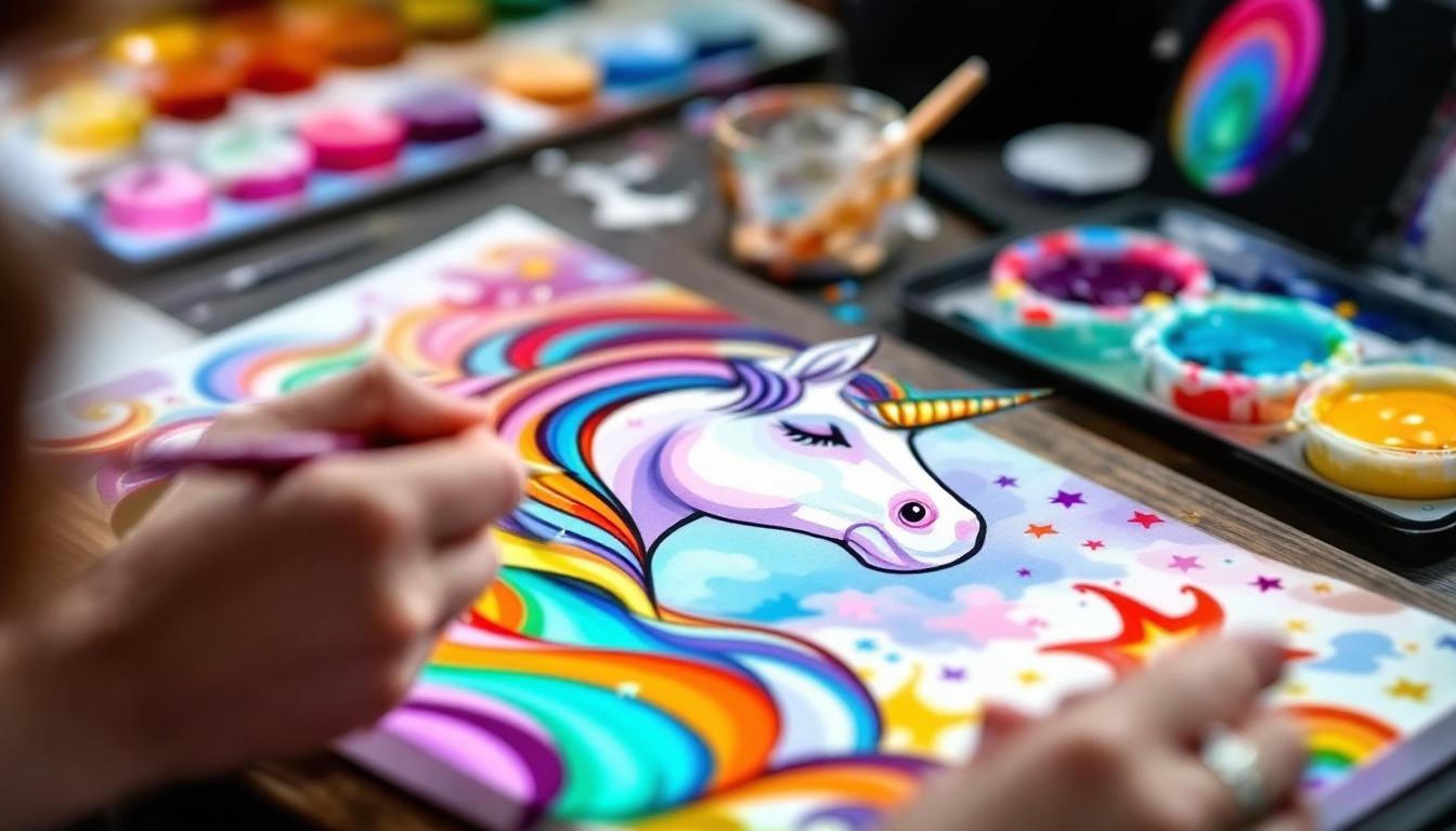 Step-by-step unicorn paint by numbers technique showing brush application on numbered canvas