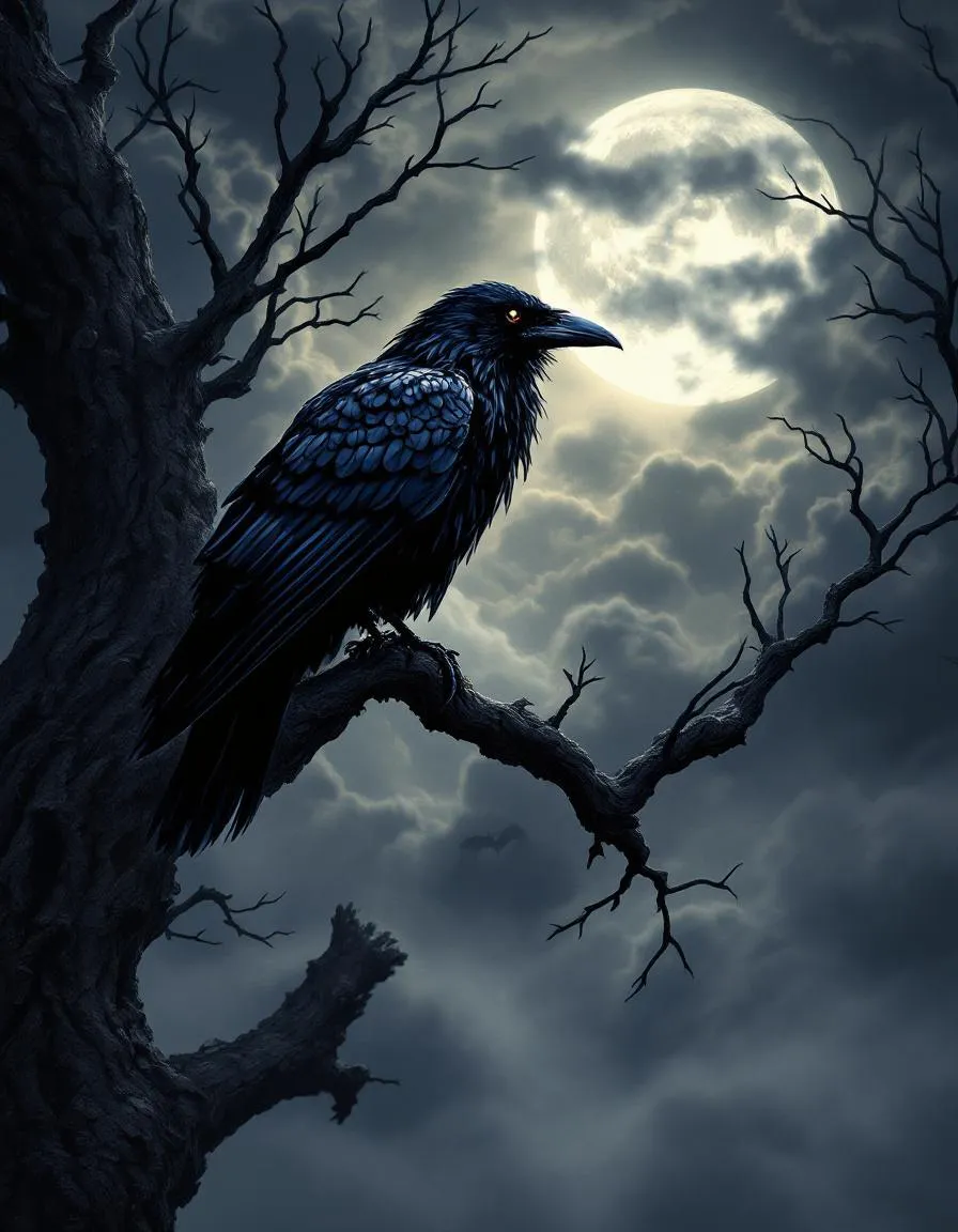 Gothic raven perched on tree branch against stormy sky