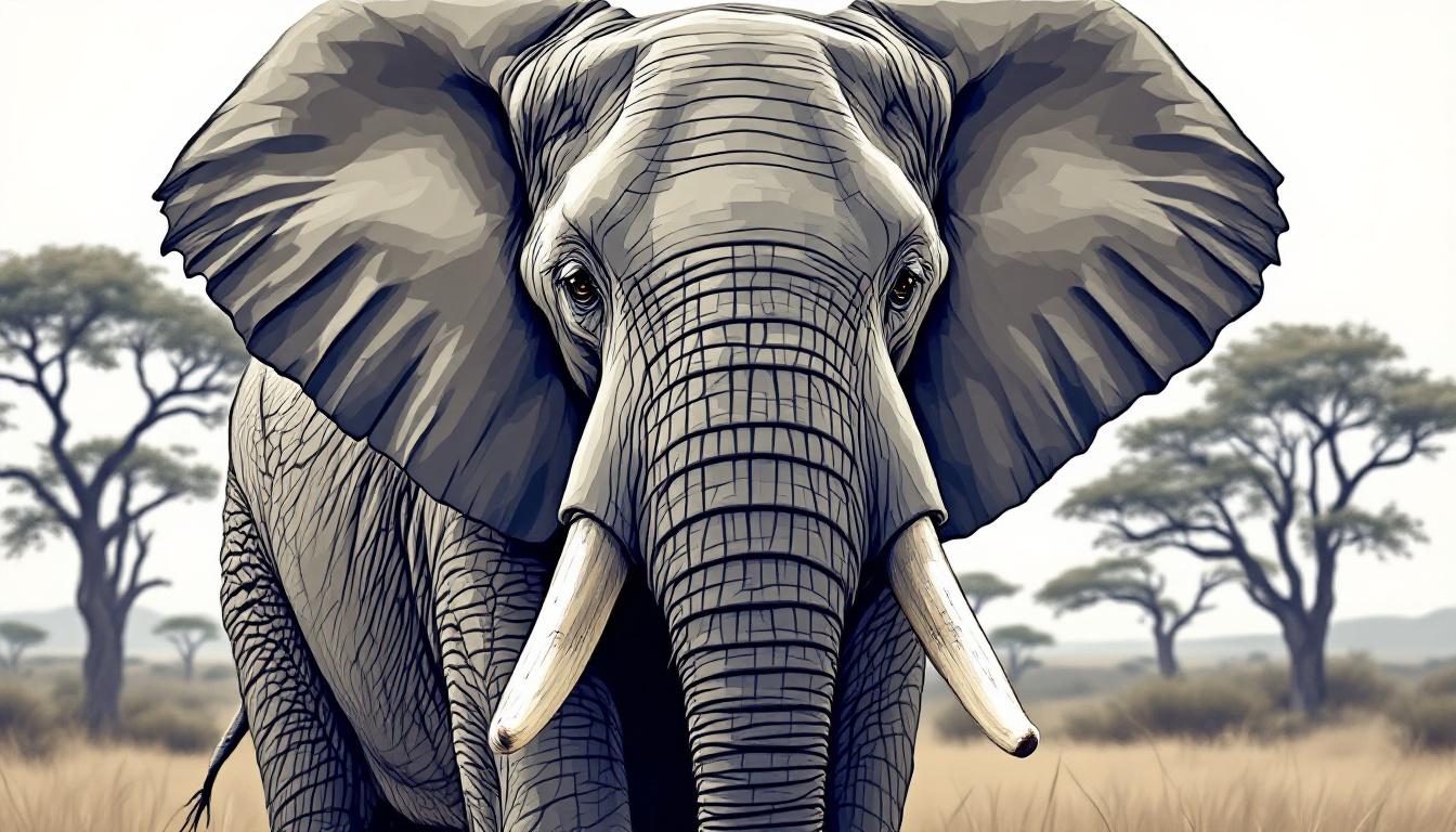 A detailed African elephant with wrinkled gray skin, large ears, and curved tusks in paint-by-numbers style against a savanna background