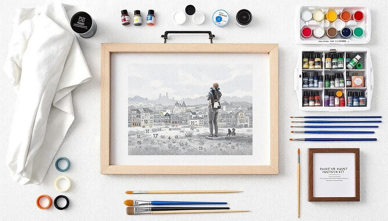 High-quality paint-by-numbers kit laid out showing premium cotton-linen canvas with crisp number printing, professional-grade acrylic paints in organized containers, multiple brush sizes, and included wooden frame, representing superior kit components
