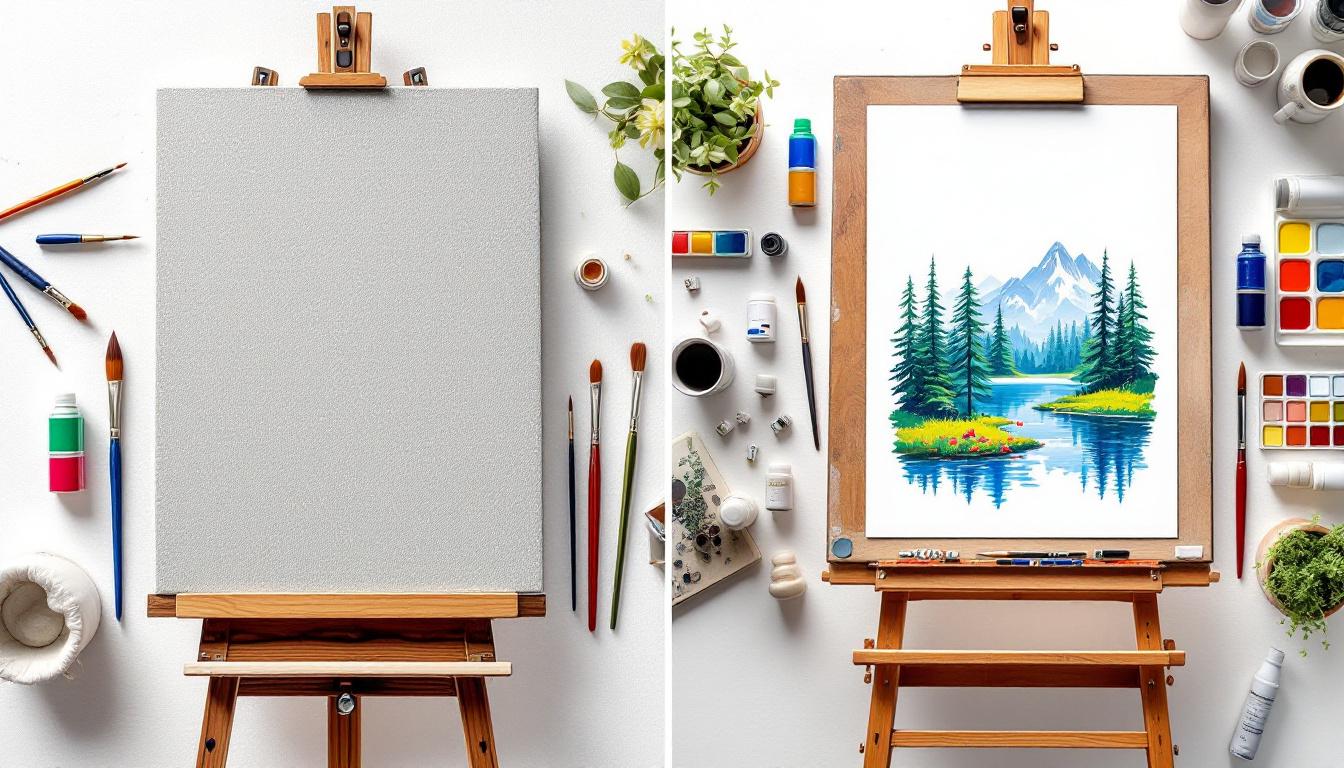 Side-by-side comparison showing canvas paint-by-numbers kit with textured surface and wooden frame next to paper paint-by-numbers kit with smooth surface