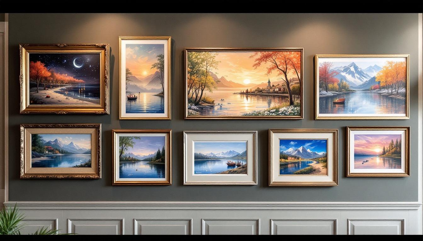 Completed cocktail paint by numbers artworks from successful adult parties displayed as home decor