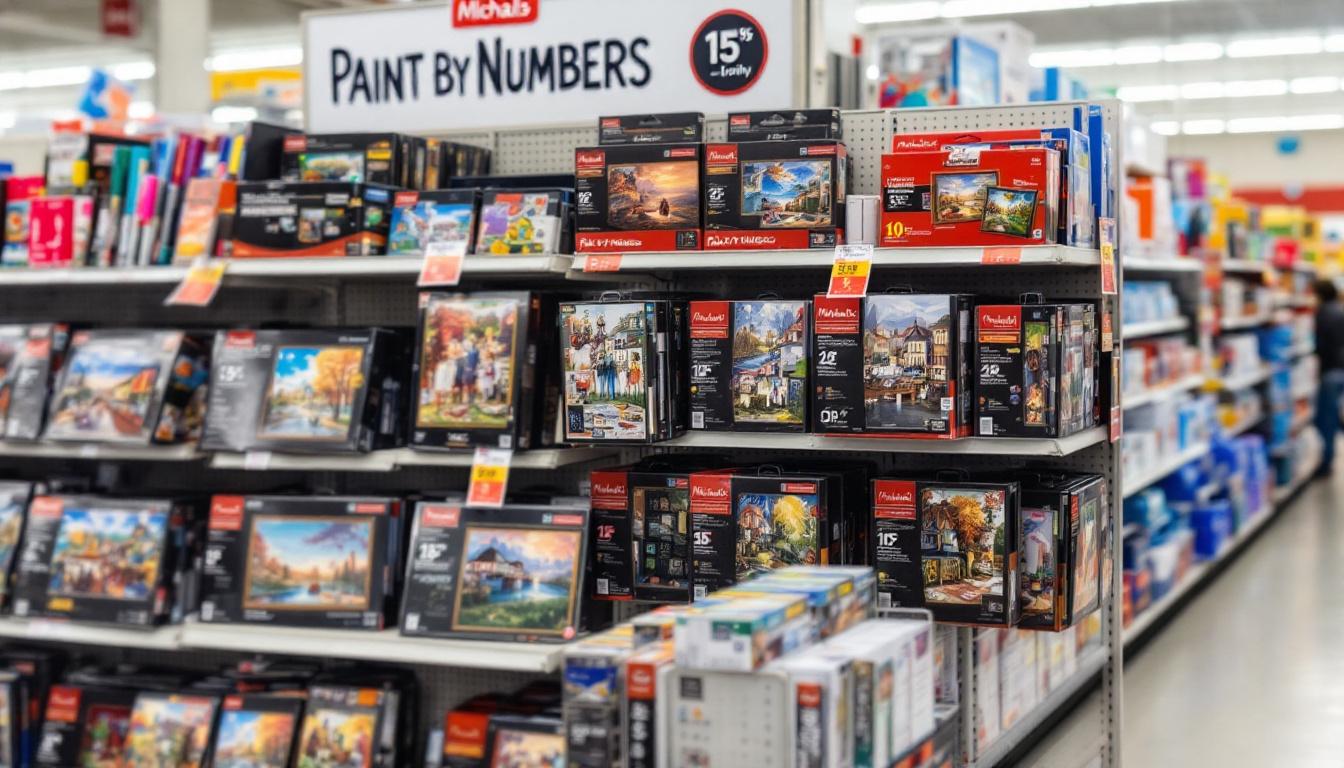 Craft store display showing paint by numbers kits organized on shelves in retail environment like Michaels or Hobby Lobby