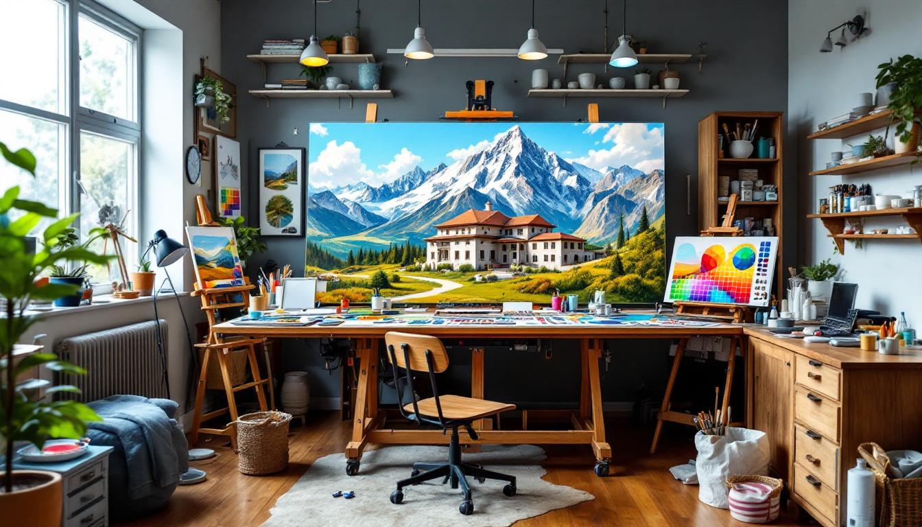 Spacious professional workspace setup for large paint-by-numbers projects with easel and extensive supplies