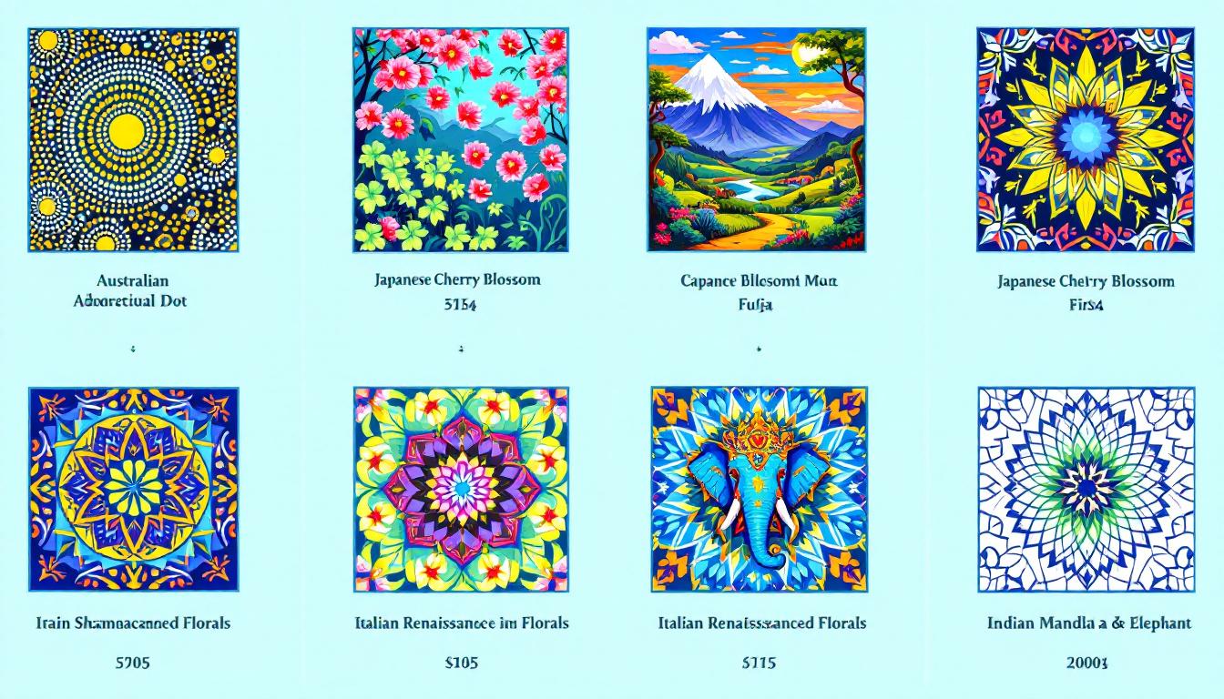 Comparison of paint by numbers designs from Australia, Japan, Ireland, Italy, and India showing cultural diversity