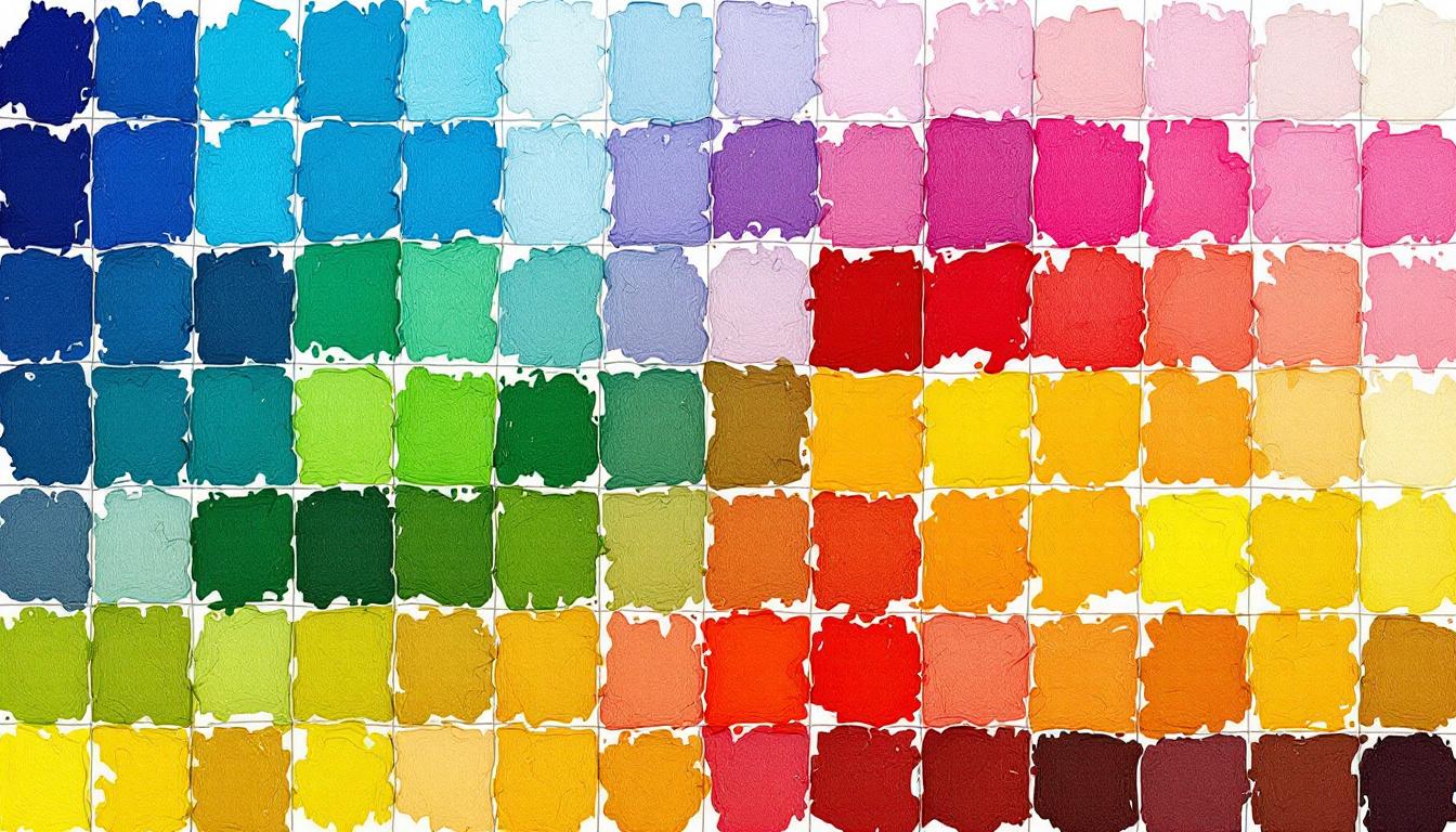 Artistic color chart showing therapeutic properties of different paint colors for emotional healing and wellness through art
