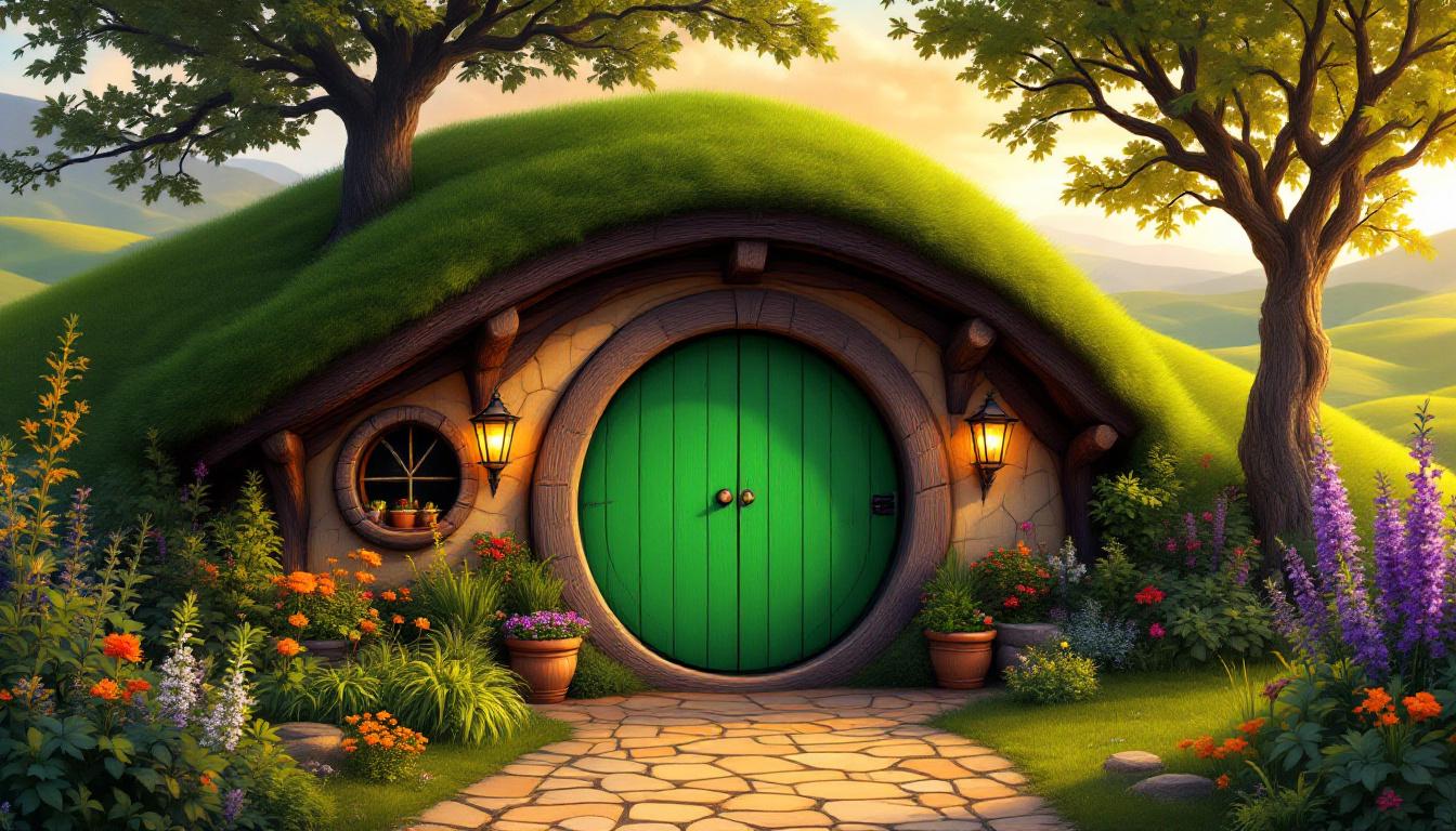 Peaceful hobbit hole entrance with bright green round door in the Shire, featuring rolling hills and golden hour lighting, perfect for beginner painters